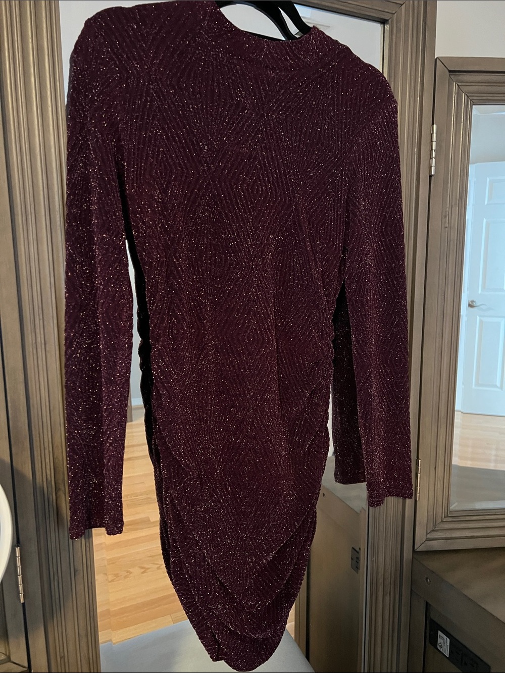 Sparkle Burgundy Long Sleeve Ruched Dress
